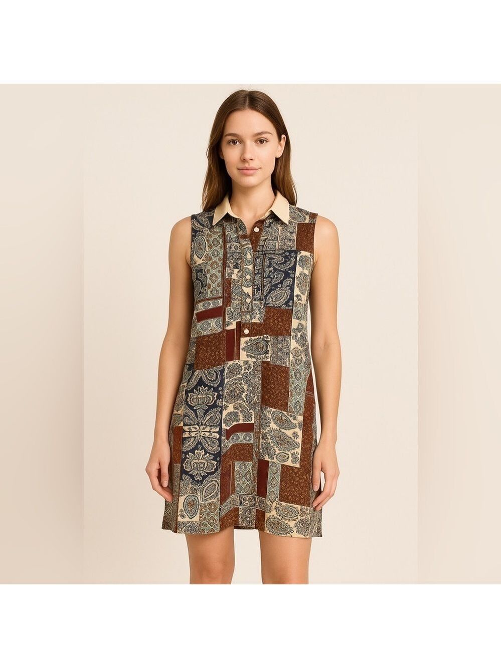 Simply Noelle Blue and Brown Sheer Patchwork Dress Size S/M